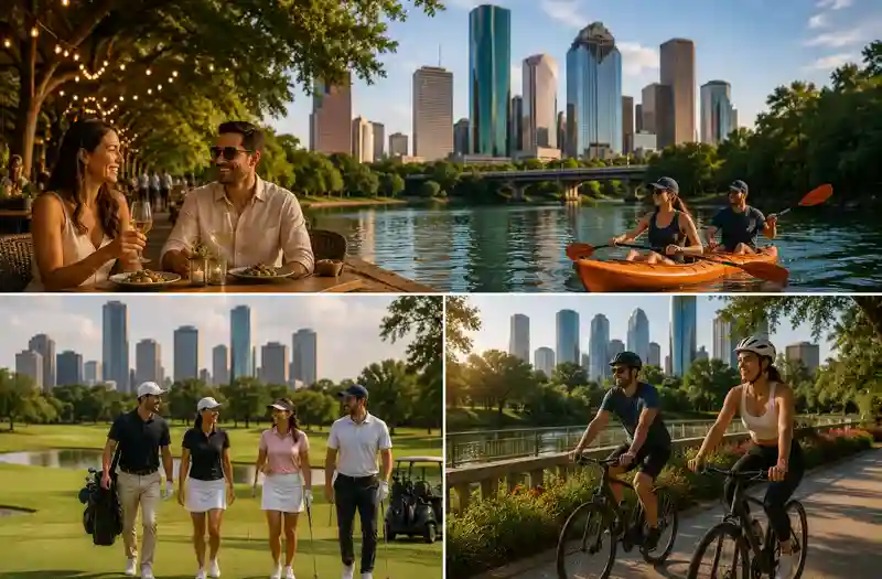 Visitors enjoying luxury outdoor experiences in Houston, including parks, golf, cycling, kayaking, and waterfront dining.
